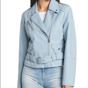 French Connection Light Blue Vegan Leather Belted Moto Jacket
